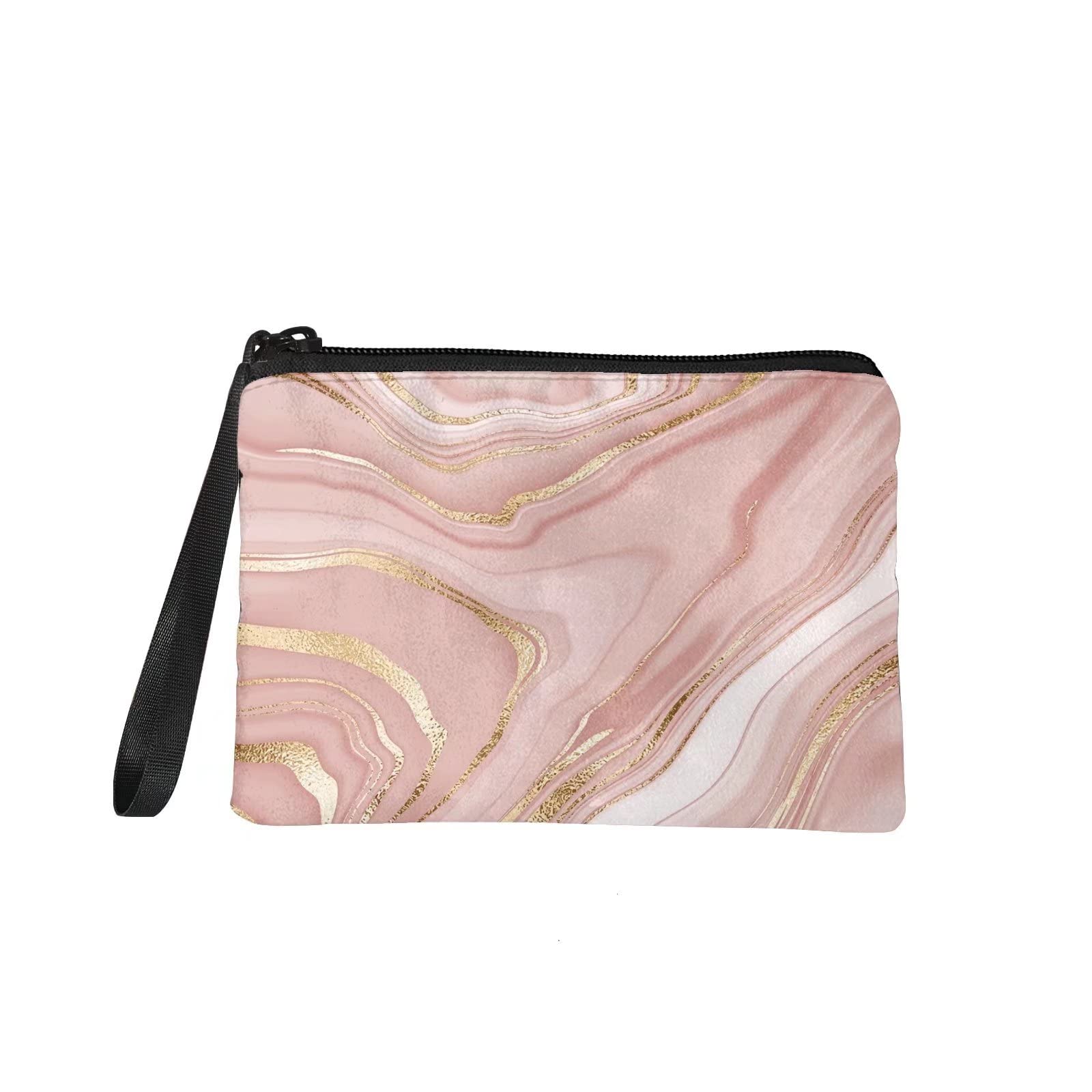 Jeiento Pink Marble Small Toiletry Cosmetic Handy Bag for Women Soft Flannel Zipper Closure Travel Pouch Storage Clutch Purse