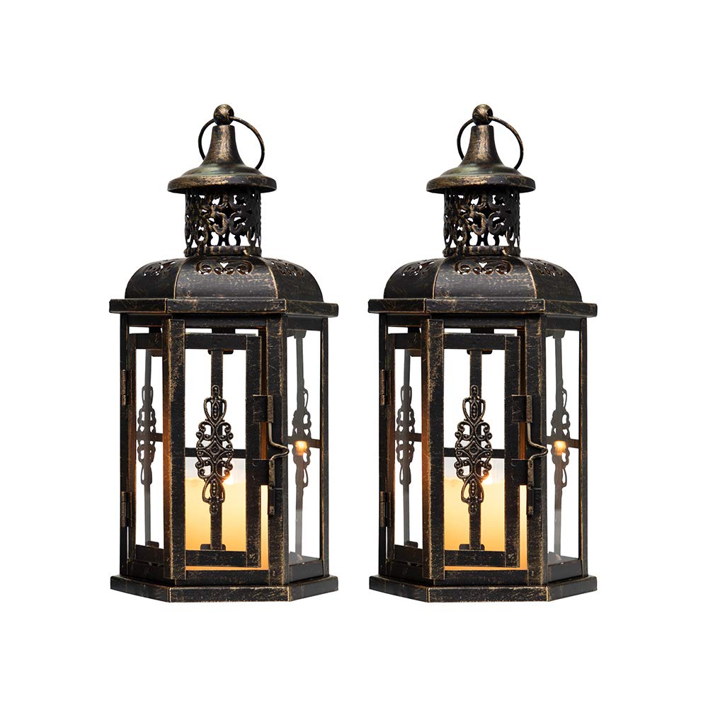 JHY DESIGN Set of 2 Hanging Lanterns 25cm High Vintage Metal Candle Holder Decorative Candlestick for Indoor Outdoor Event Parties Weddings Garden Balcony(Black with Gold Brush)