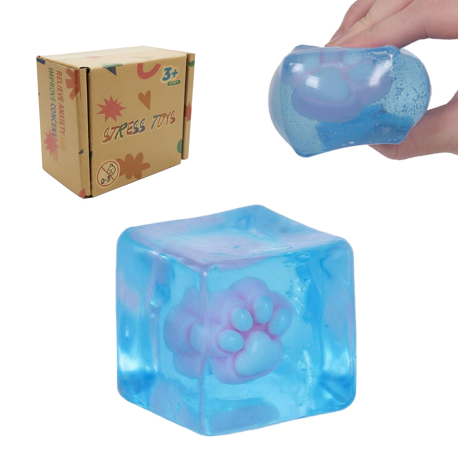Jiezipeasy Clear Cube Squishy Toy with Paw Design, Soft Slow-Rebound Fidget Squeeze Toy for Everyday Stress Relief (Pink)