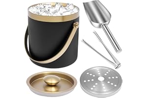 2L Insulated Ice Bucket with Lid, Champagne Double Layers Wine Chiller Bucket with Non Slip Handle Ice Scoop and Ice Tongs, f