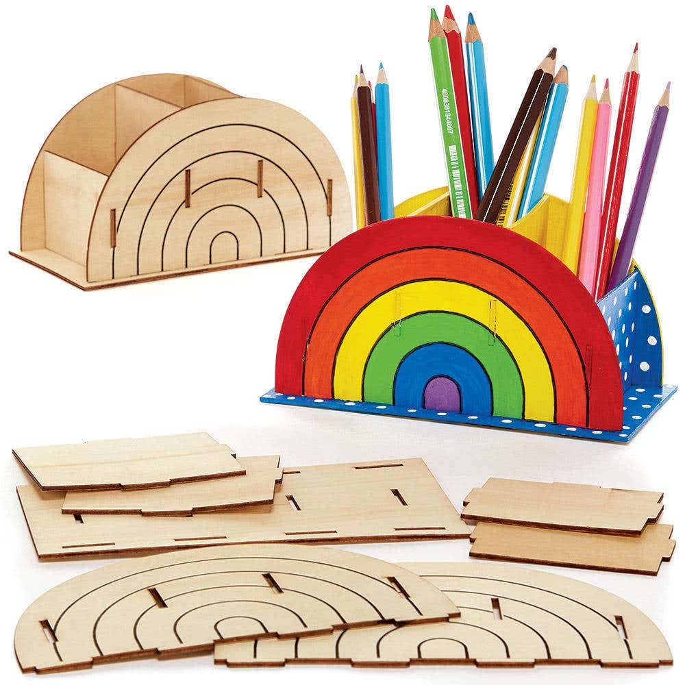 Baker Ross FC775 Rainbow Wooden Pen Pot Kits - Pack of 2, Wood Crafts Stationery Storage for Kids, Arts and Crafts for Kids