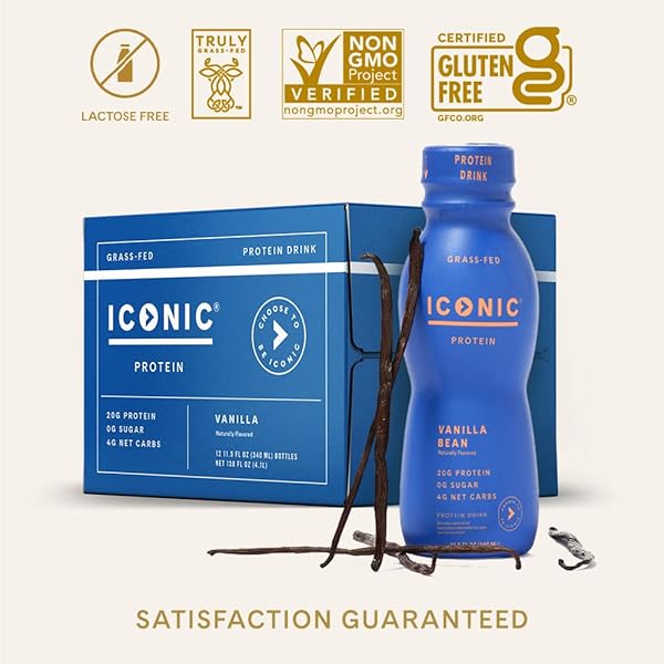 ICONIC PROTEIN DRINKS, VANILLA BEAN (12 PACK) – SUGAR FREE & LOW CARB – 20G GRASS FED PROTEIN – LACTOSE FREE, GLUTEN FREE, NON-GMO, KOSHER – KETO FRIENDLY PROTEIN SHAKES