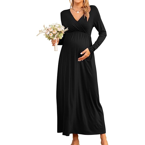 Long Sleeve Maternity Dress, Maxi Maternity Dress with Belt for Baby Shower  Photoshoot Black S at Amazon Women's Clothing store