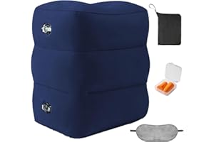 EOOQI Inflatable Foot Rest Pillow for Travel - Adjustable Height Flight Foot Rest with Eye Mask and Earplugs for Kids & Adults on Airplane, Car, Train, Office, and Home (Blue, 1 PCS)