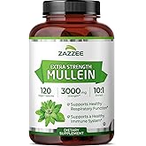 Zazzee Extra Strength Mullein 10:1 Extract, 3000 mg Strength, 120 Vegan Capsules, 4 Month Supply, Certified Kosher, Lung and Respiratory Support, 100% Pure Leaf Powder, Non-GMO, Made in The USA