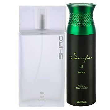 Ajmal Shiro EDP Citrus Spicy Perfume 90ml for Men and Sacrifice II for Him Deodorant Fruity Aromatic Fragrance 200ml for Men+ 2 Parfum Testers FREE