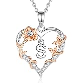 EUDORA Rose Heart Initial Necklace for Women Letter Alphabet Initial Necklaces Copper Rhodium Plated Pendant with Cubic Zirconia, Initials Jewelry Gifts for Women Wife Mother, 18"