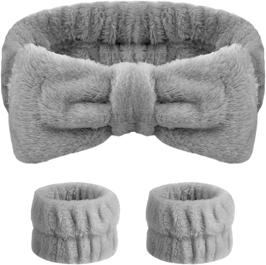 Aomig Spa Headbands for Women Bowknot Elastic Microfiber Grey 1+2 Wrist Straps
