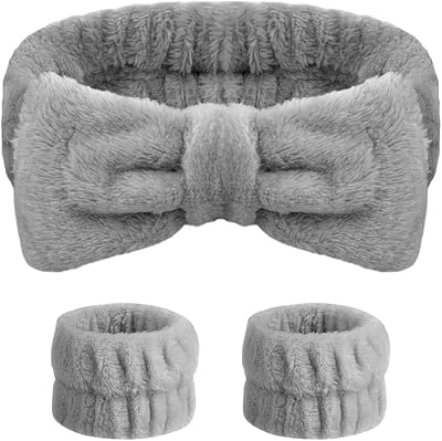 Aomig Spa Headbands for Women Bowknot Elastic Microfiber Grey 1+2 Wrist Straps