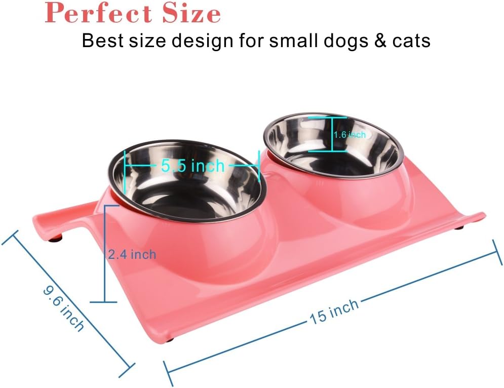 Pet Dog Bowl Food Water Dish Feeder Bowls Double Stainless Steel Cat Puppy Bowls No spill & No Skid for Small Animals (Pink) - Image 3