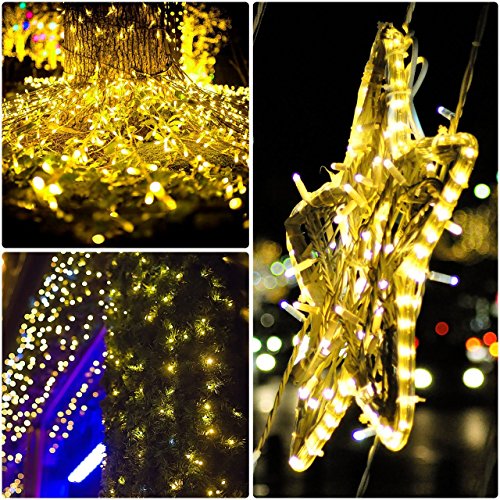 Adecorty Solar String Lights, Outdoor Starry String lights with 100 LEDs 33ft Silver Copper Wire 8 Mode Waterproof for Wedding Garden Home Birthday Party Patio Lawn Trees (Warm White 2 Pack)