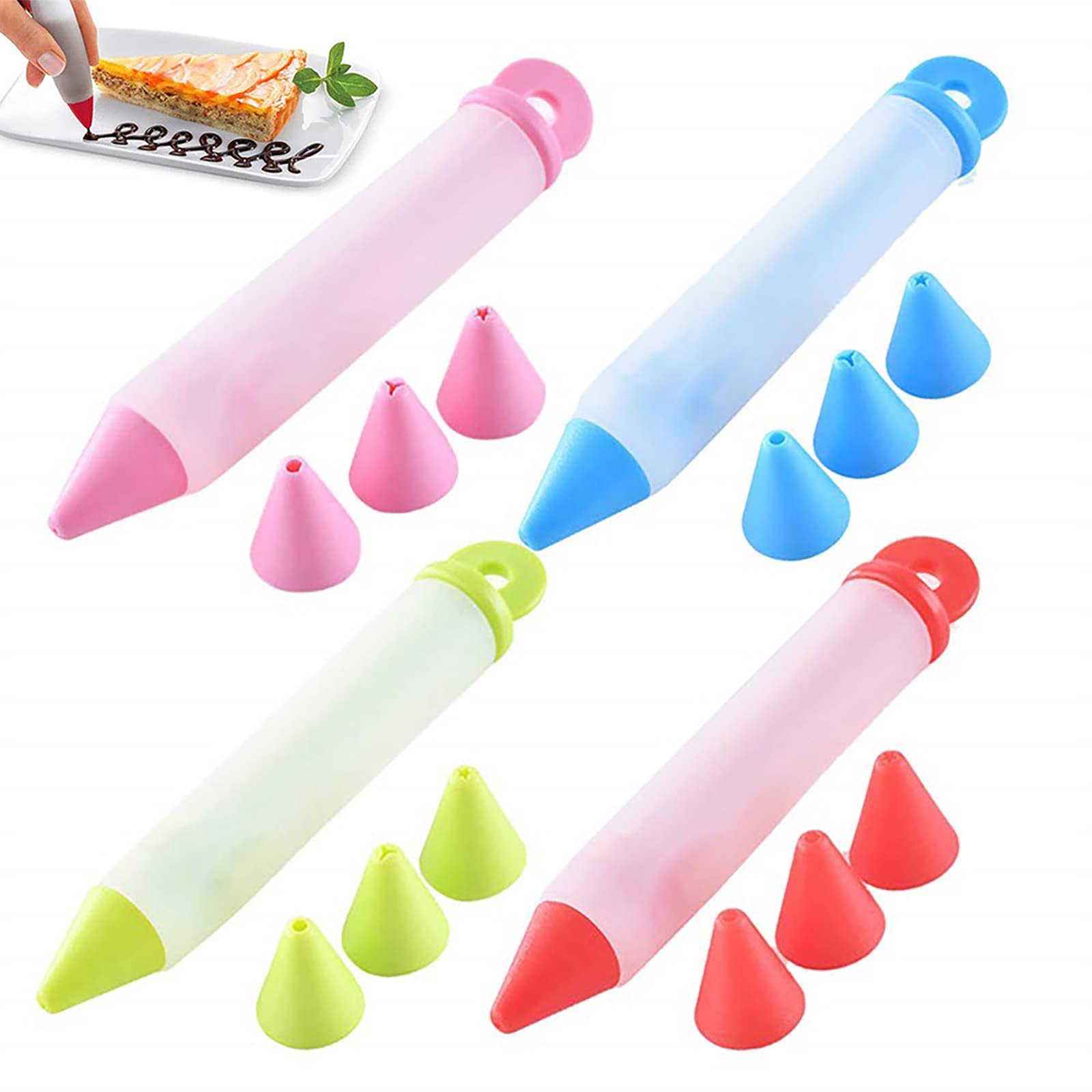 WUDQIJI Cake Decorating Pen 4 Sets of Decorating Syringe Cake Syringe Silicone Decoration Pen Cake Syringe Silicone Fondant Cake Pen Each has 4 Different Types of Nozzles for Cakes Pastries