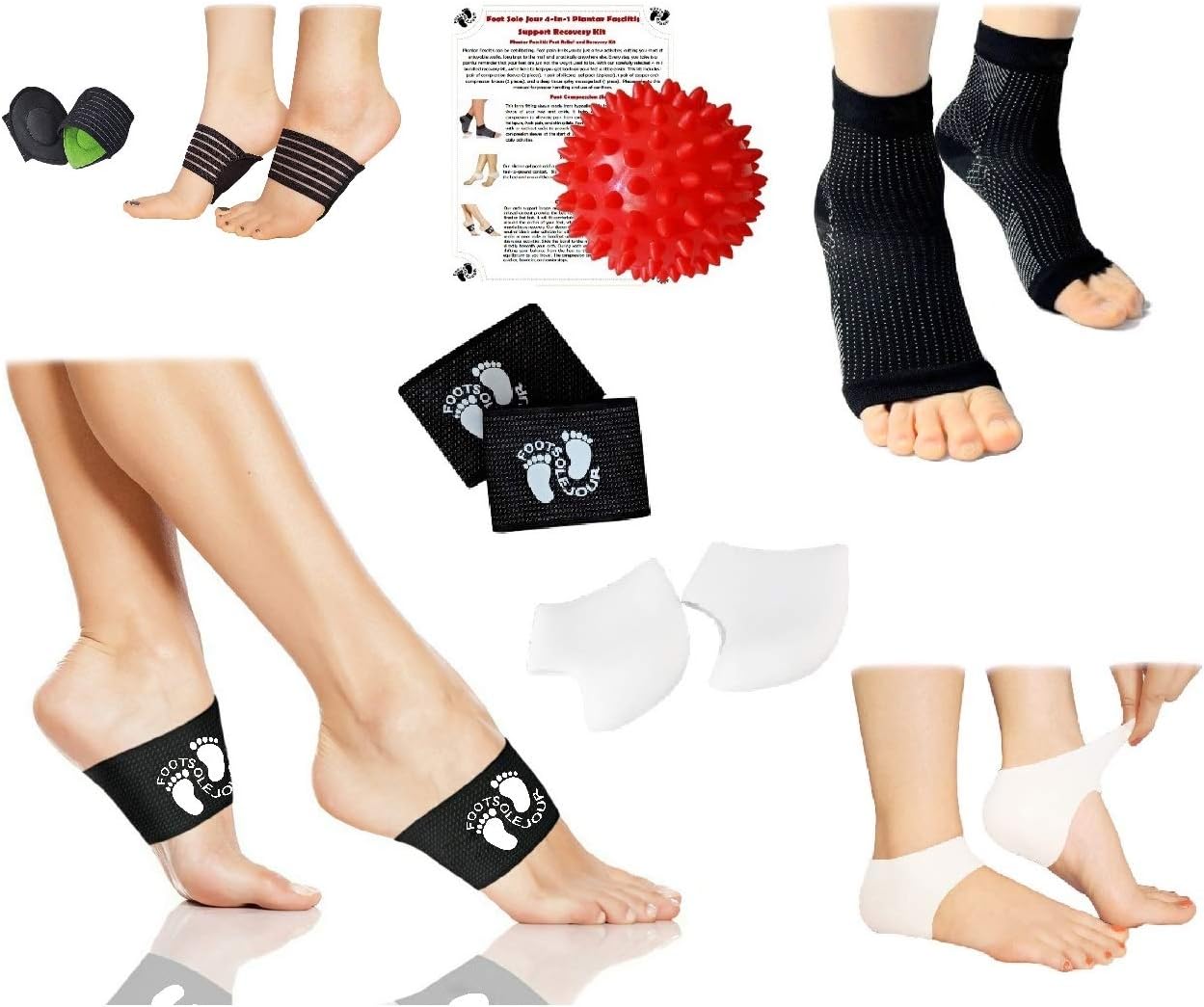 NEW Plantar Fasciitis Pain Relief & Recovery Kit - Foot Compression Sleeve, Copper Arch Compression Brace, Heel Protectors, Foot Massage Ball for Foot Pain Relief