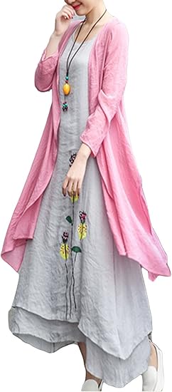 Amazon 美しいです レディース ワンピース 二枚 カーディガン 夏 秋 冬 Aライン スリム ひざ丈 綿麻 民族風 ゆったり 刺繍 ワンピース チュニック 通販