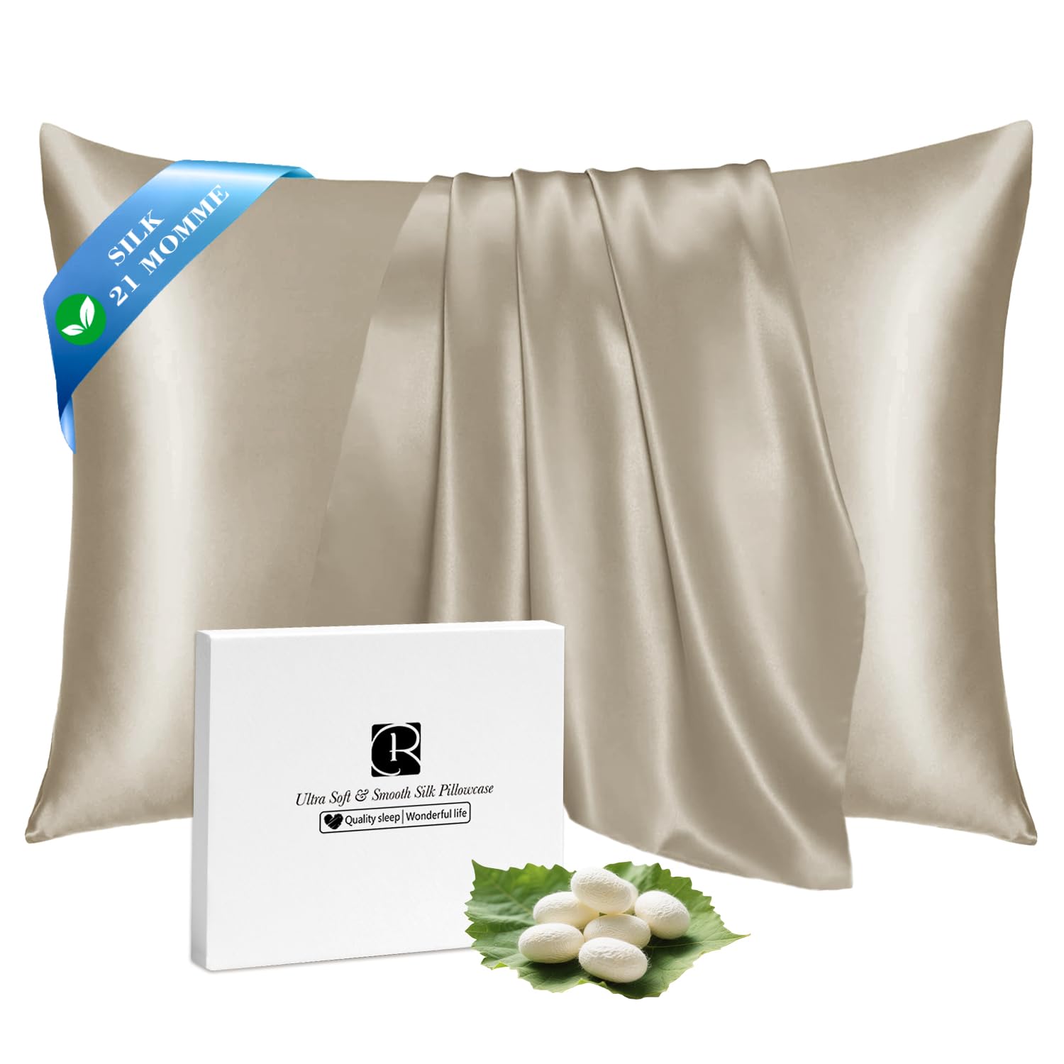 Ravmix Silk Pillowcase for Hair and Skin 21Momme Both Sides Mulberry Silk Pillow Case with Hidden Zipper, 1PCS, Standard 50×75cm, Taupe