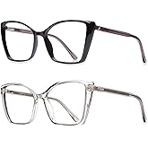 JFXQDR 2 Pack Blue Light Blocking Glasses for Women, Oversized Trendy Cat Eye Computer Gaming Glasses Anti Glare & UV Glare RF6204 (Black + Clear Grey Cateye Frame)