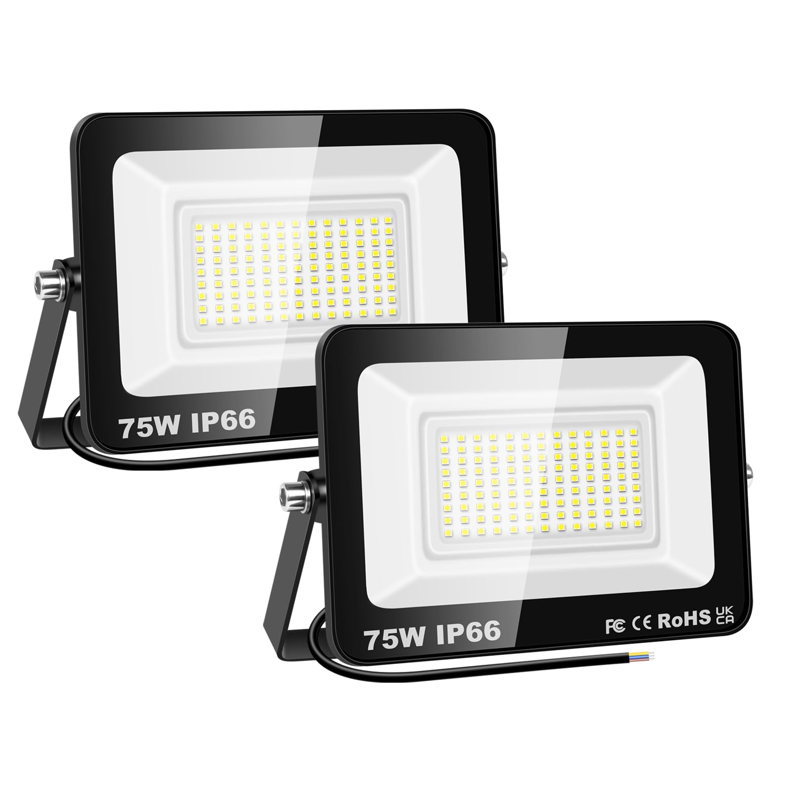 SKYWORLD 2 Pcs 75W Outdoor LED Flood Lights, 7500LM LED Security Lights, IP66 Waterproof, 6000K Daylight White Floodlight Outside Flood Lamp for Garden Garage Yard Lawn Court Patio Warehouse