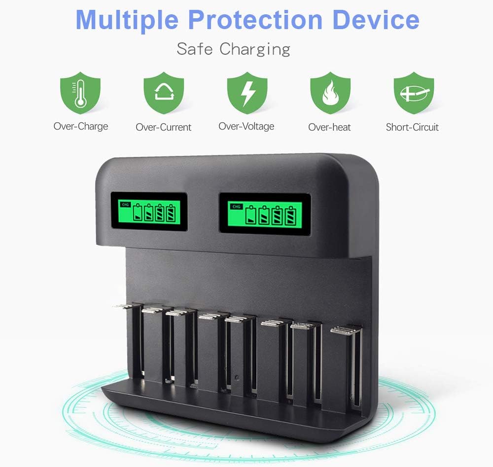 LCD Display Universal Battery Charger,8 Bay Smart Charger for Rechargeable Batteries Ni-MH/Ni-Cd A AA AAA SC C D Batteries with USB Port Type c and Overcharge Prevention Function (No Adapter): Electronics