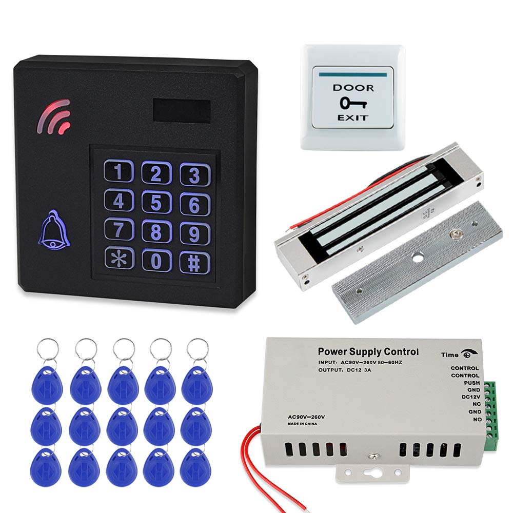 FST IP68 Waterproof Access Control System Kit Set Outdoor RFID Keyboard + 180KG/350lbs Electric Magnetic Lock + DC12V Power Supply + 15pcs 125KHz Keyfobs for Home