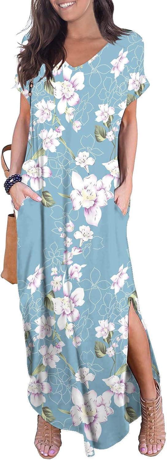 GRECERELLE Women's Casual Loose Pocket Long Dress Short Sleeve Split Maxi Dresses at  Women’s Clothing store