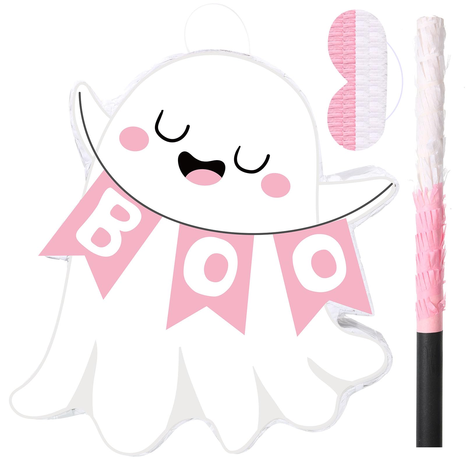 Photo 1 of Aoriher Ghost Piñata Pink Halloween Piñata White Pink Ghost Party Piñata with Bat Stick Blindfold Mask Confetti for Halloween Holiday Theme Festival Birthday Party Supplies Decoration (Boo)