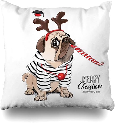 Amazon Co Jp Ustcyla スローピローカバー 吹き飛ばされたクリスマス パグ 犬 ストライプ 角のあるカーディガン 鹿 キャラクター マスク レッド ファニー パーティー ホイッスル ホーム インテリア 枕カバー 正方形 サイズ 18 X 18インチ クッションケース ホーム