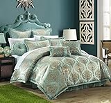 Chic Home 9 Piece Como Decorator Upholstery Quality Jacquard Motif Fabric Bedroom Comforter Set & Pillows Ensemble, Queen, Blue