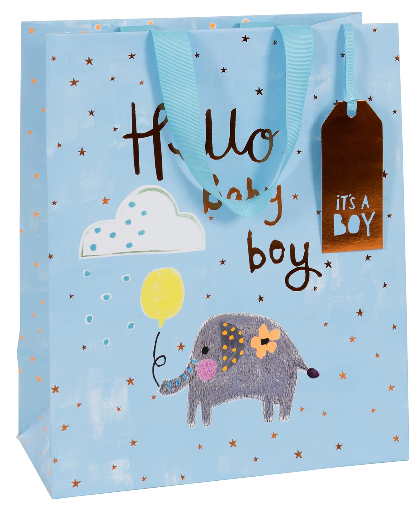 Glick Luxury Large Gift Bag for New Baby Boy, Blue Elephants, Welcome Birth of Baby, 260x315x135mm, Blue