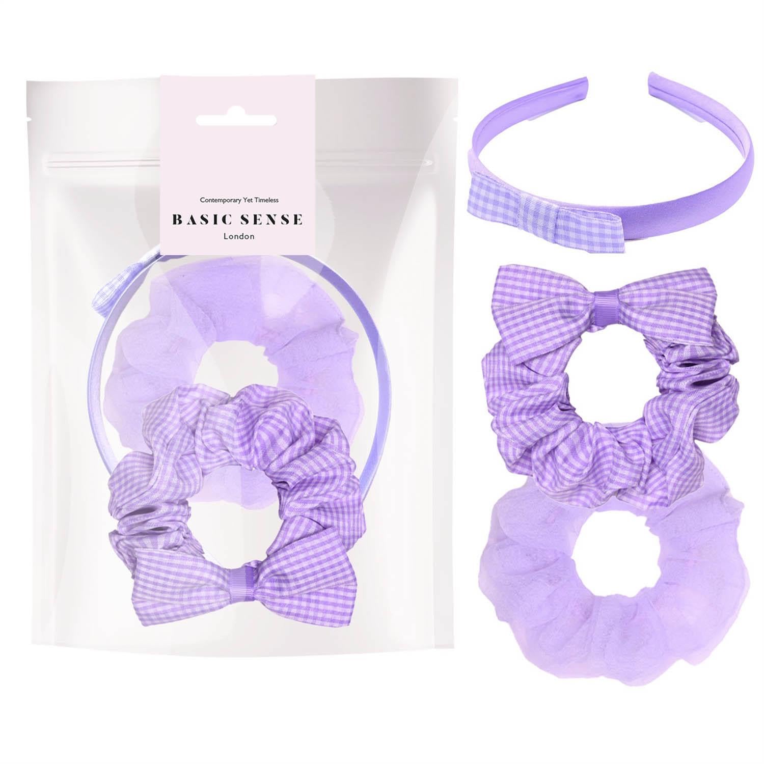 Basic Sense Gingham Check Hair Accessories Set, Hair Scrunchies, Headband, Aliceband for School Uniform, Lilac — image 1