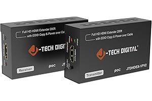 J-Tech Digital HDMI Extender 1080P 60Hz Over Single CAT 5e/6/7 PoC (Power Over Cable) up to 165ft, Deep Color EDID Copy Zero Signal Loss [JTD-HDEX-1PV2]
