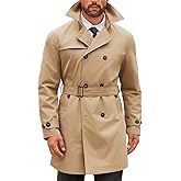 Runcati Mens Double Breasted Trench Coat Notched Lapel Windbreaker Jackets Causal Overcoat With Belt