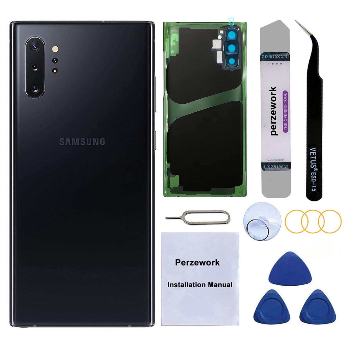 Photo 1 of Perzework Rear Back Glass Replacement for Samsung Galaxy Note 10 6.3 inches with Reparing Toolkit and Pre-Installed Adhesive (Aura Black)