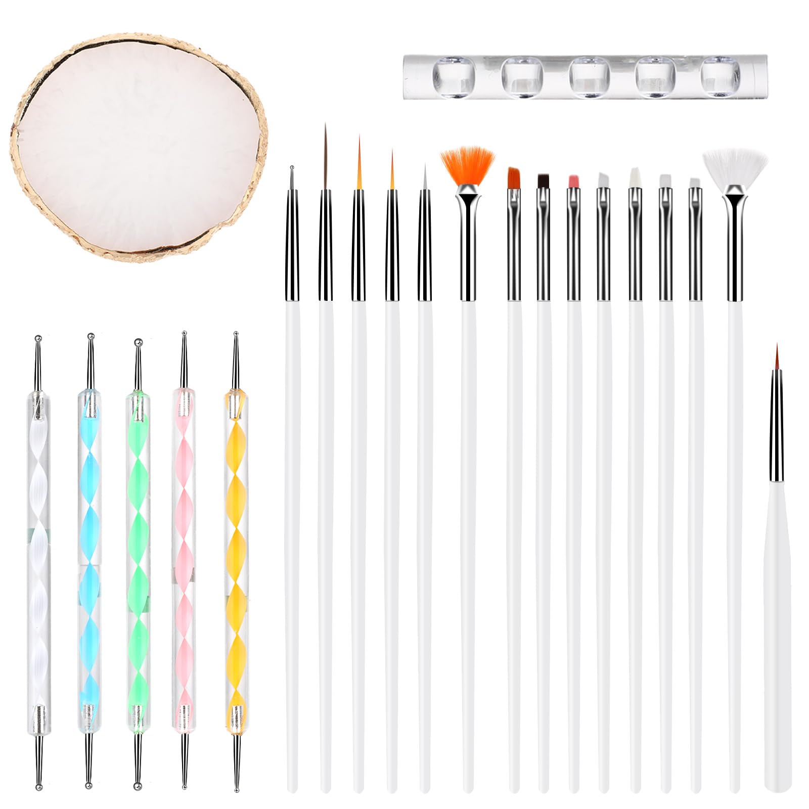 Dimeho Nail Art Palette Set - 22 Pc with 15 Brushes, 5 Double Head Dotting Pens, Palette and Display Stand