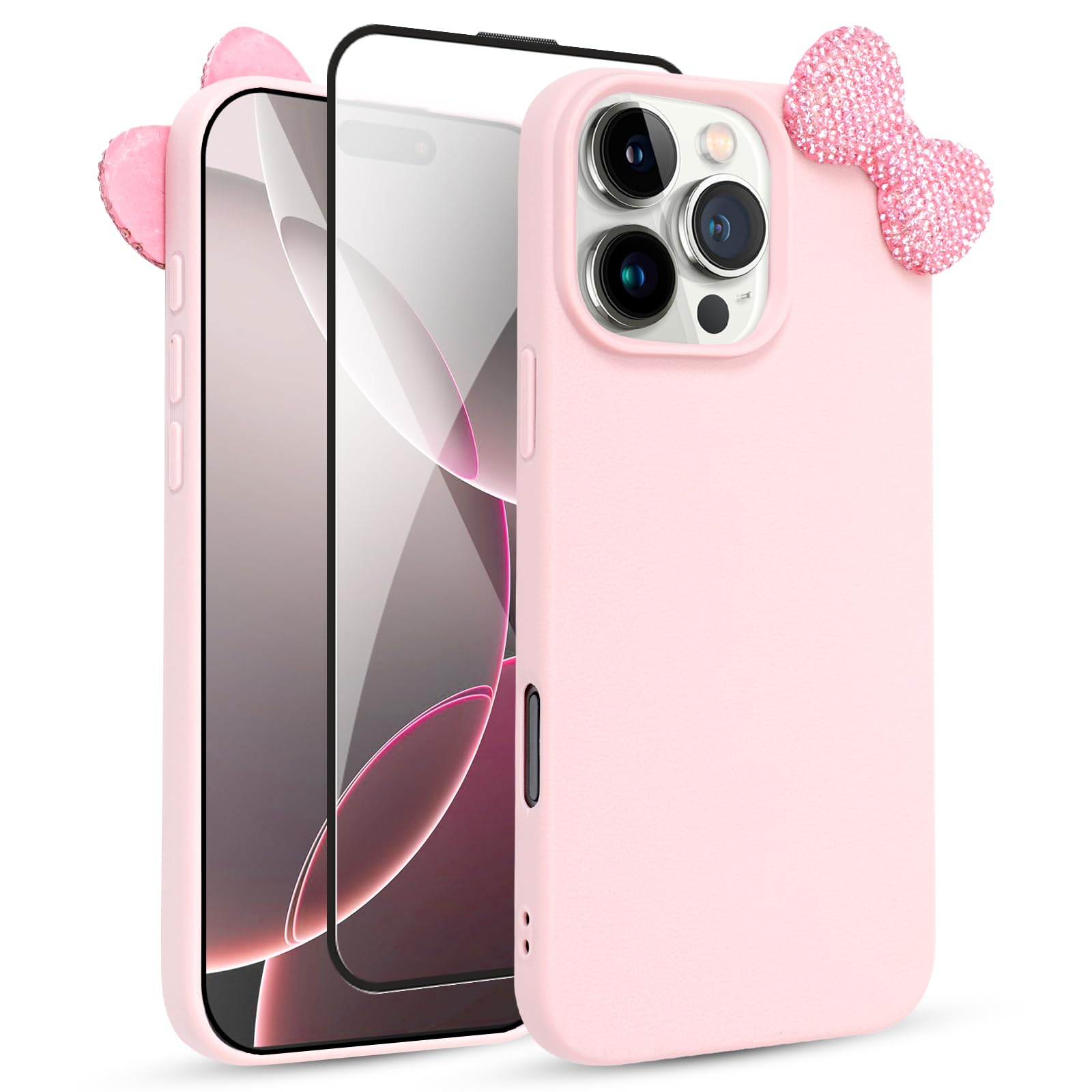 zcvbjek Cute Case for iPhone 15 Plus 6.7" with HD Screen Protector, Pink Glitter Rhinestone Bow Phone Cases, Soft Silicone Shockproof Protective Phone Cover for Women Girls & Girls Kids