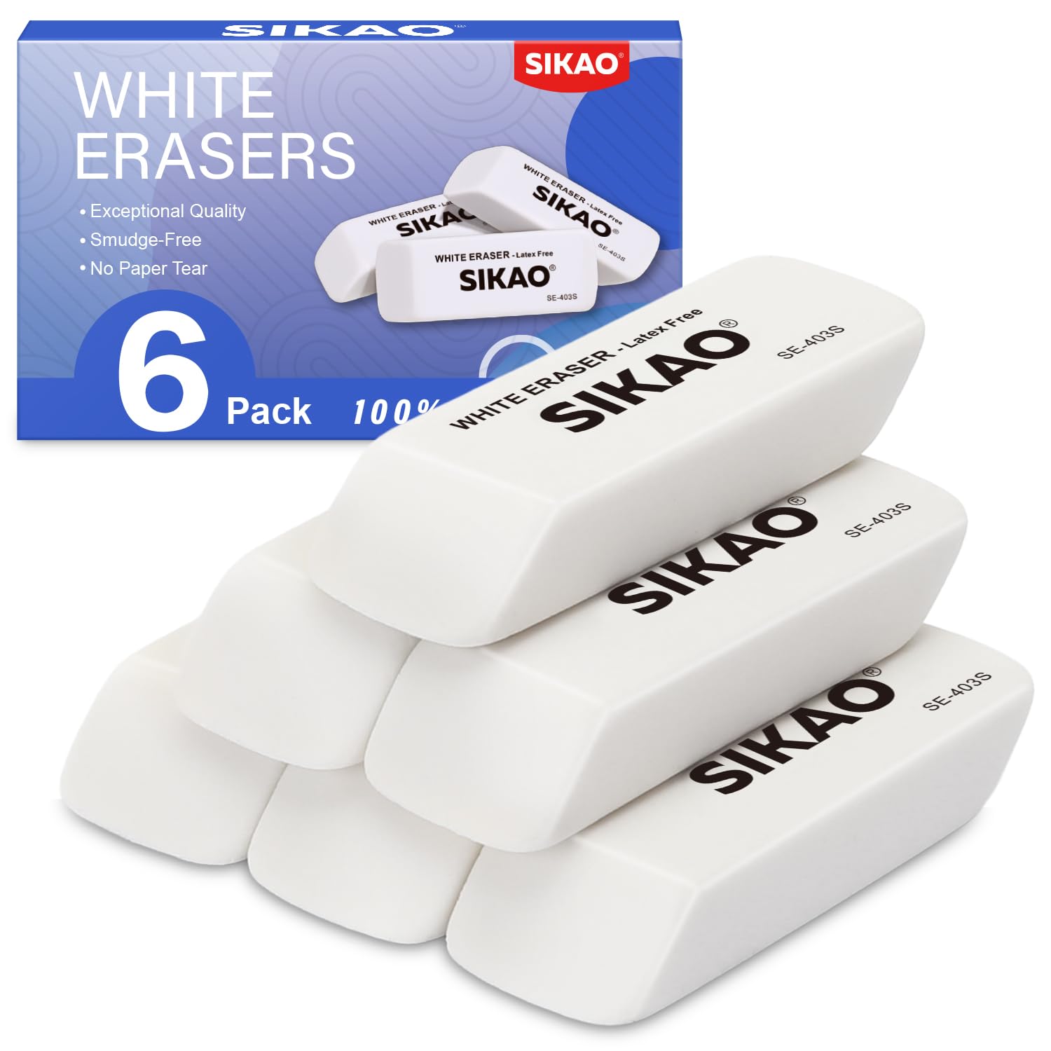 SIKAO White Erasers, 6 Pack Pencil Erasers for Kids – Latex-Free & Smudge-Free Beveled Rubber Erasers for School Supplies, Classroom, Tests & Homework