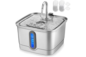 SEIRMEP Stainless Steel Cat Water Fountain, 101oz/3L Automatic Pet Water Fountain, Dog Water Fountain with Replacement Filters for Cats, Small Dogs (2 Filters and 2 Sponges)