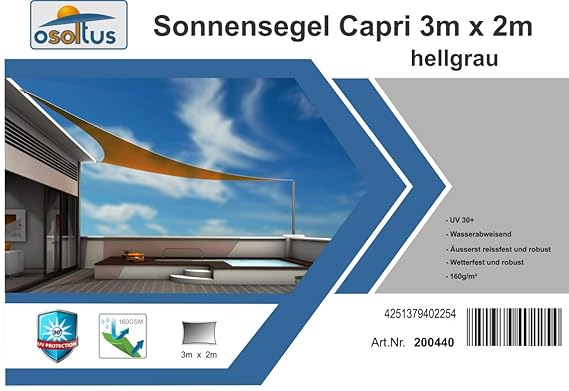 hausratplus Sonnensegel UV50+ dreieckig, rechteckig Verschiedene Größen und Farben (3m x 2m, hellgrau)