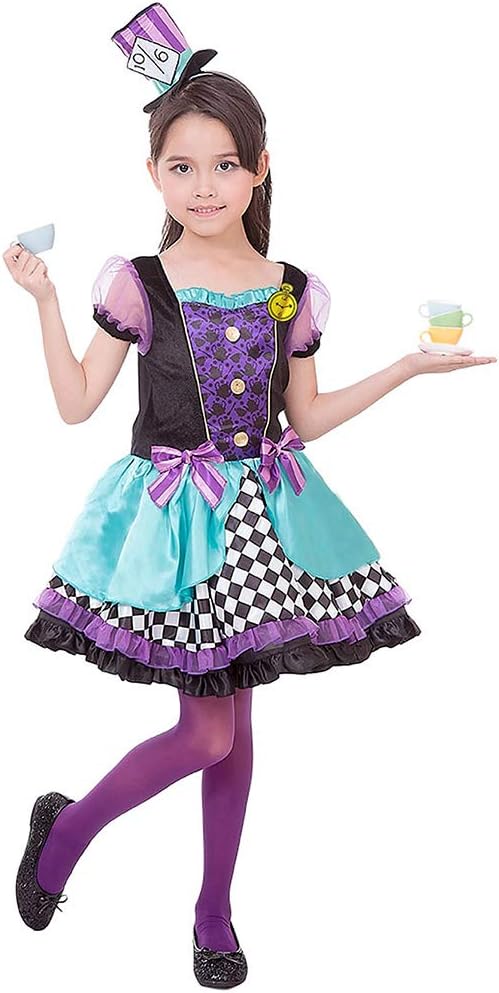 Purple Girls Mad Hatter Costume-Child Kids Halloween Christmas Party Cosplay Suit with Hat