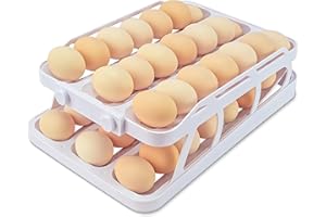 HAHOME Egg Holder for Fridge, Egg Dispenser for Refrigerator, Automatic Egg Rolling Holder with Date Record, 3 Rows Rolling Egg Storage with 2 Tier Space Saving Egg Organizer Tray, White
