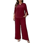 AUCICCOO Plus Size Pants Suits for Women Dressy 2 Piece Sets with 3/4 Sleeve Top Wide Leg Pants for Work & Daily Wear