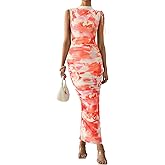 PRETTYGARDEN Women's Summer Maxi Floral Dresses Ruched Bodycon Sleeveless Mesh Formal Wedding Guest Cocktail Split Long Dress
