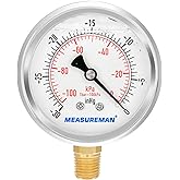 MEASUREMAN 2-1/2" dial, 1/4" NPT Lower, Glycerin Filled, Stainless Steel case, Brass Inside, 30inHg/-100kpa-0