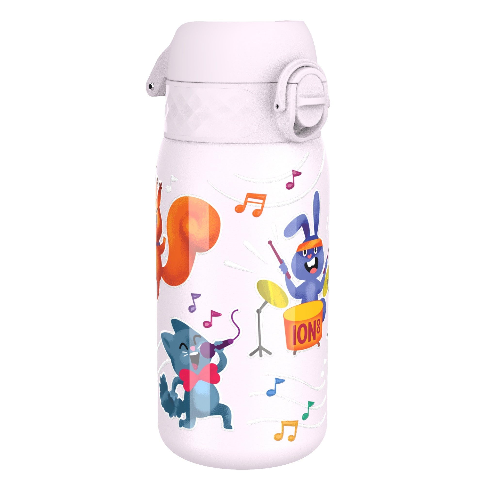 Ion8 Lightweight Steel Kids Water Bottle, 400ml/13oz, Non-Insulated, Leak Proof, Easy to Open, Secure Lock, Dishwasher Safe, Fits Cup Holders, Carry Handle, Metal Water Bottle, Pink, Animal Band