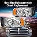 JSBOYAT Headlight Assembly Compatible with 2002-2005 Dodge Ram 1500 Pickup and 2003-2005 Dodge Ram 2500/3500 Pickup Driver Passenger Side (Chrome Housing with Amber Reflector)