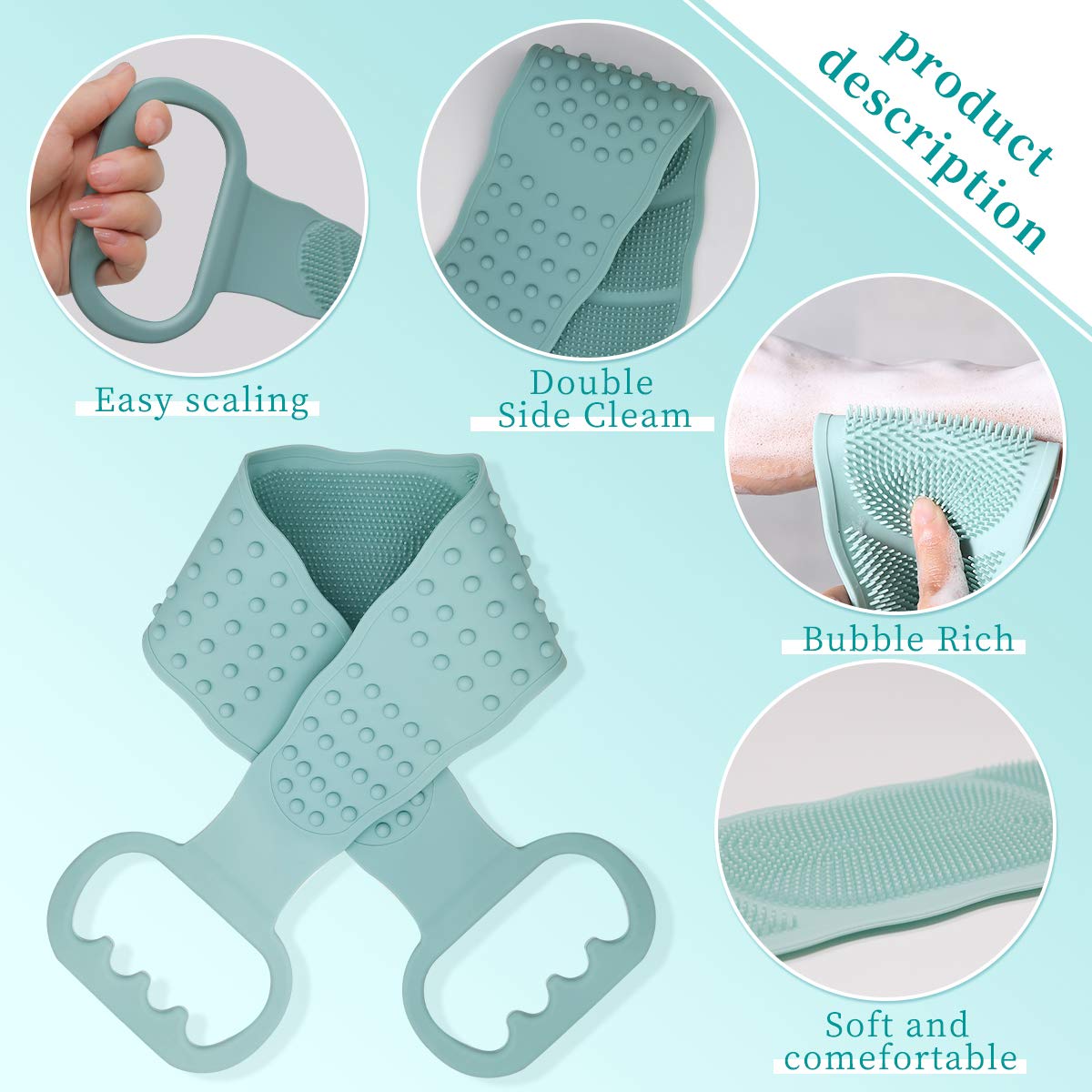 Silicone Bath Body Brush, Exfoliating Long Double Side Silicone Body Back Scrubber, Strong Rub Back Mud Silica Gel Bath Towel, Easy to Clean, Telescopic Flexibility for Women and Teenagers (Green) : Beauty