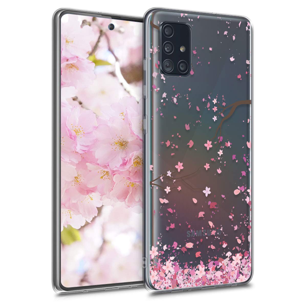 kwmobile Clear Case Compatible with Samsung Galaxy A51 - Phone Case Soft TPU Cover - Cherry Blossoms Pink/Dark Brown/Transparent