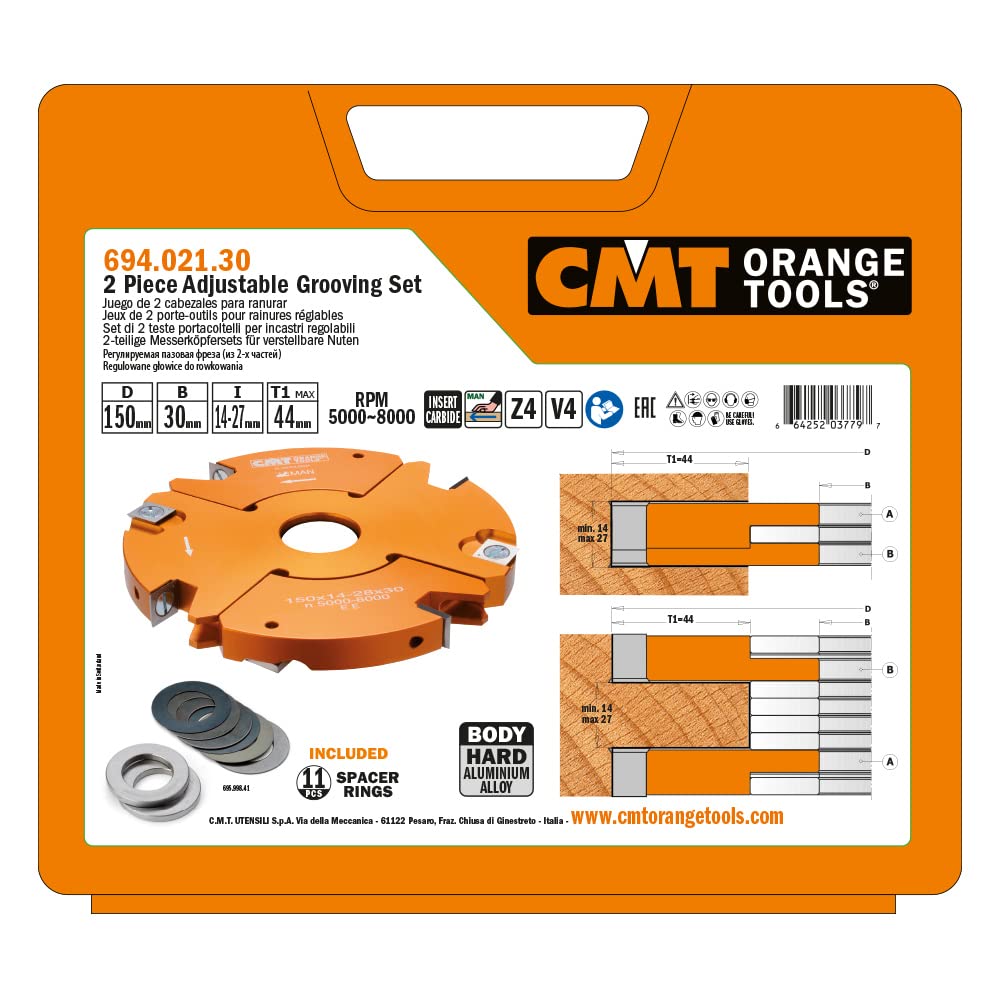 CMT 694.021.30-2 Piece Adjustable Grooving Cutter Head Set Hw D=150X14-28X3