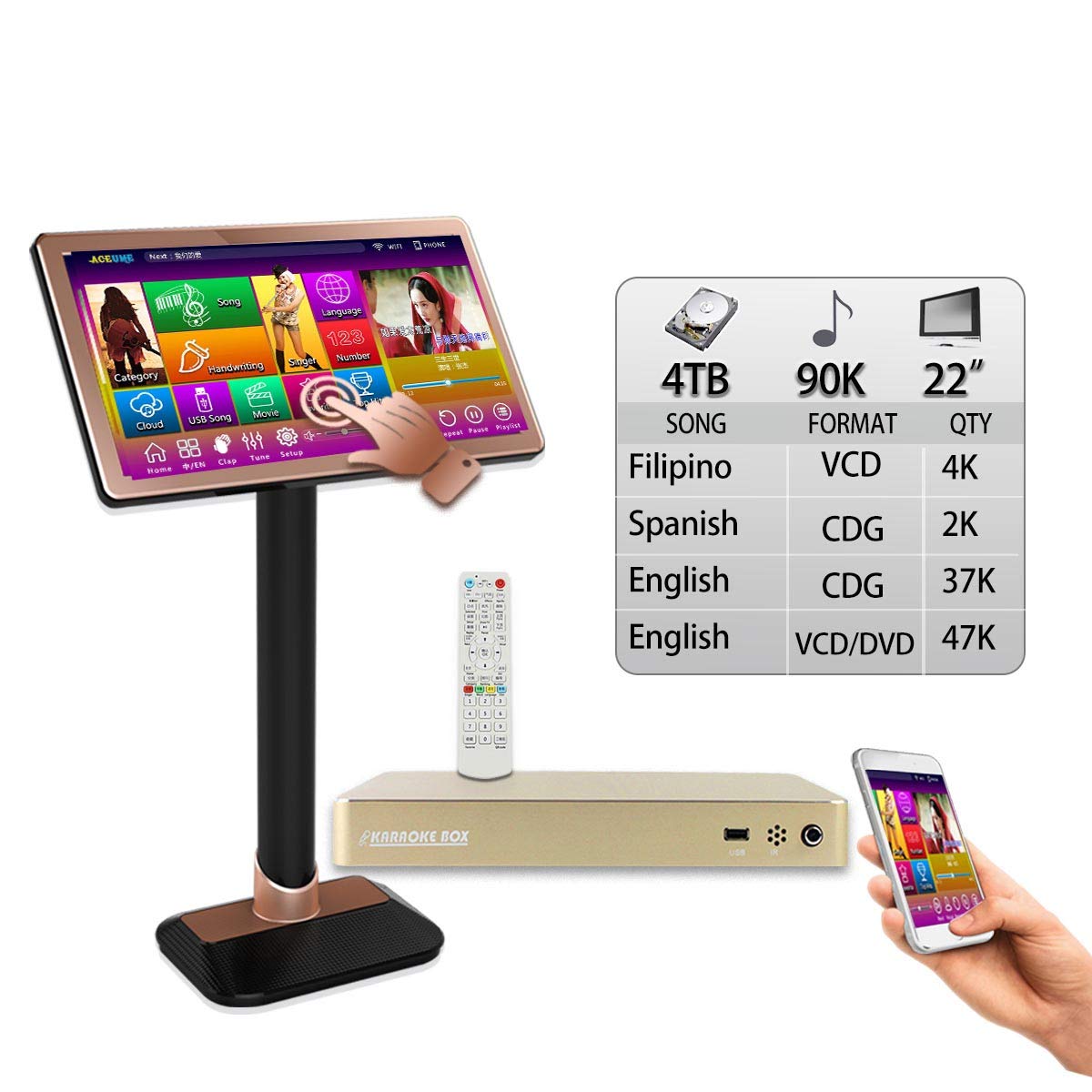 4TB HDD,90K English CDG,VCD,DVD +Filipino VCD+ Spanish CDG Songs, 22, Touch Screen Karaoke Player,Se