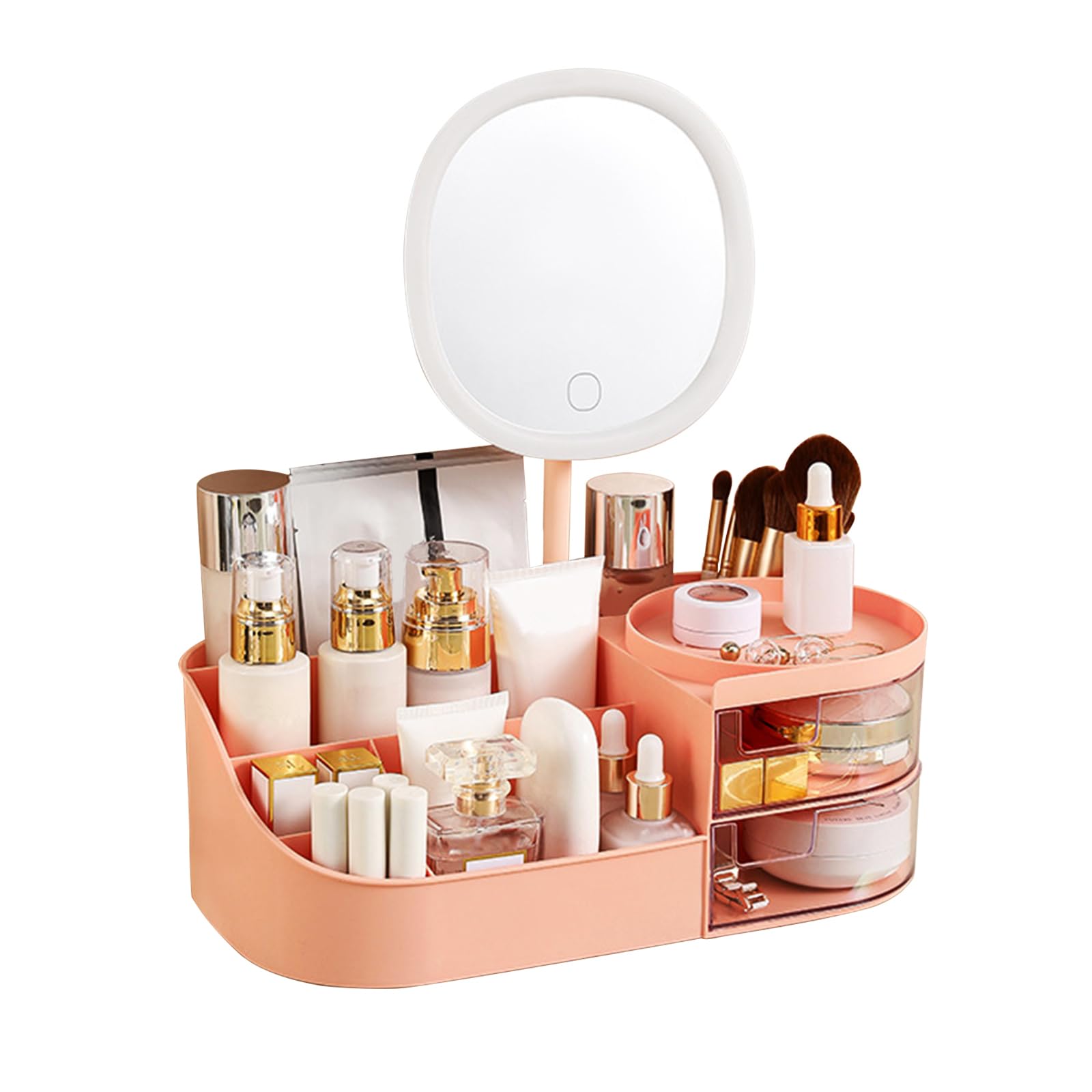 DASITON Makeup Organiser with Rechargeable Mirror, Large Capacity Dressing Table Organiser with 2 Drawers, Skincare and Cosmetics Storage Box for Vanity Desktop Bathroom Countertop (Pink)