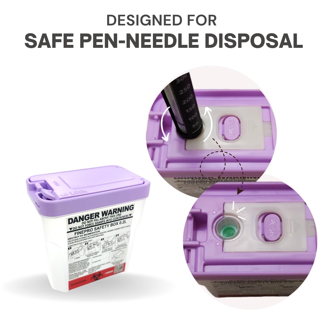 FINEPRO 0.2L Size Portable Pen-Needle Disposal Container [Pack of 3] Diabetes Care (0.2L, Purple+Clear, 3)
